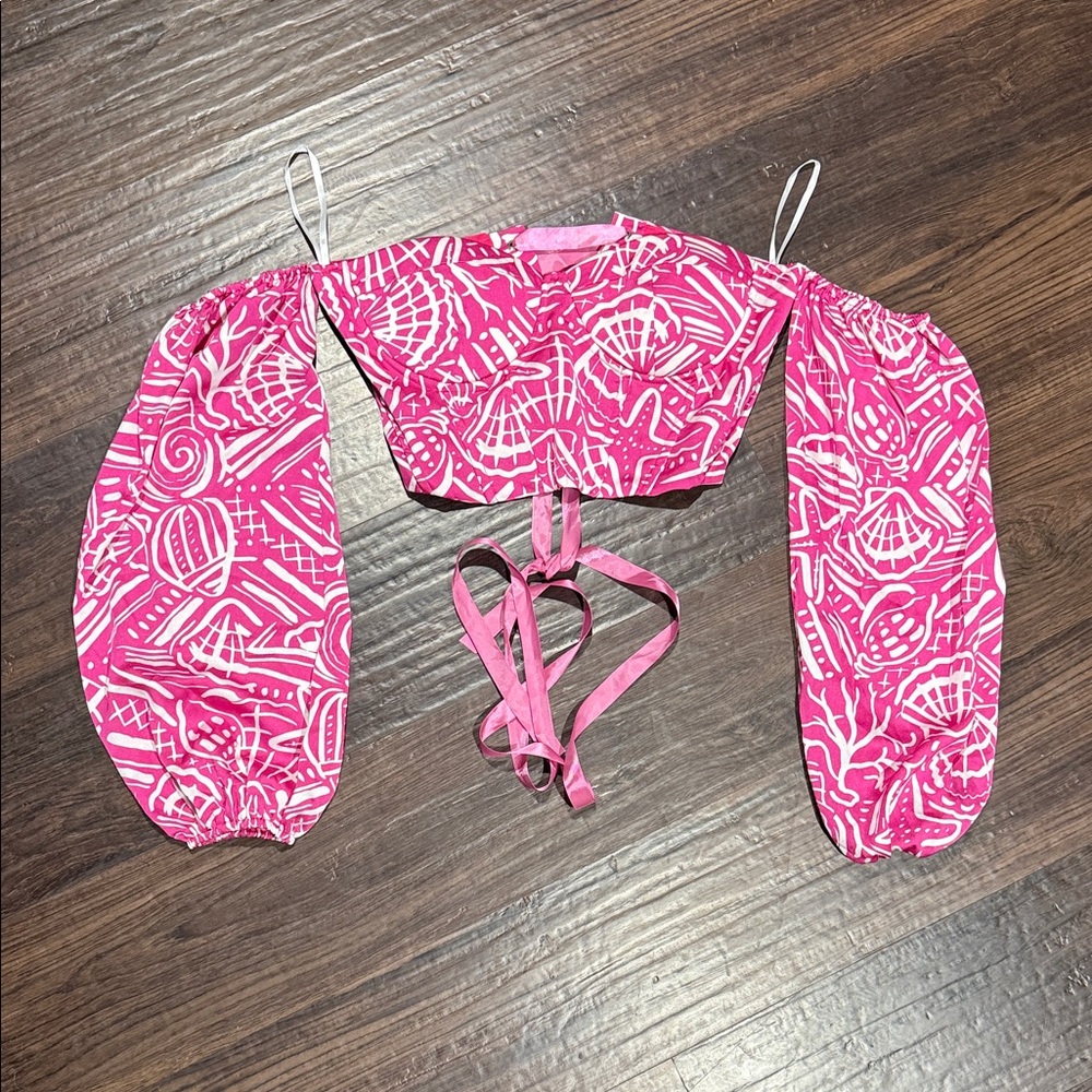 SHEIN Pink White Patterned Off-Shoulder Crop Top with Tie
